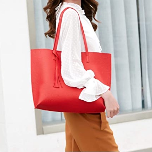 RED SOFT FAUX LEATHER TOTE SHOULDER BAG - Picture 2 of 5